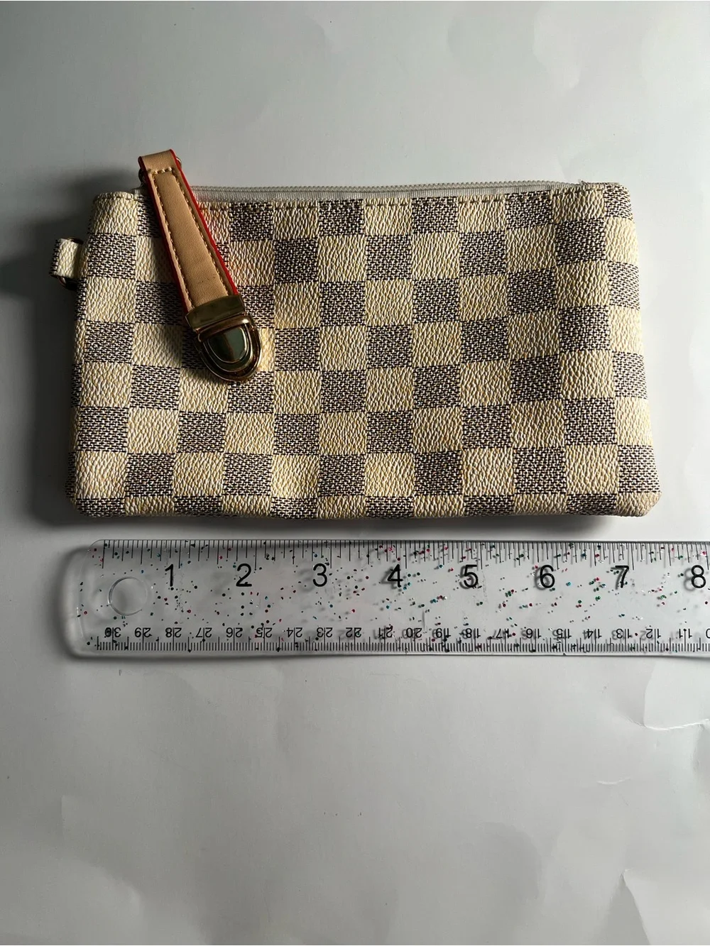 Cream Neutral Checkered Wristlet Pouch